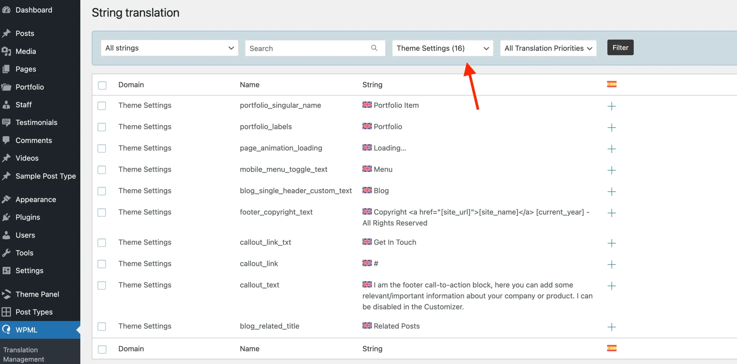 WPML string translation theme settings select