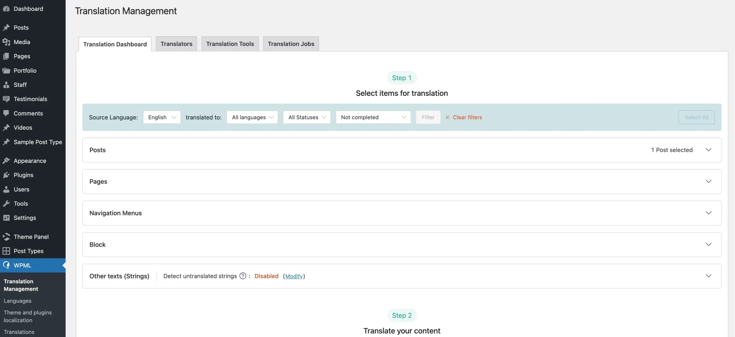 WPML Translation Management Dashboard